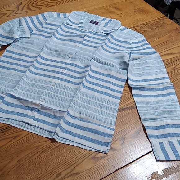 UNTUCKit Tops - Untuckit Womens LINEN VIETTI NEW Work Shirt 12 Top Blouse STRIPPED BLUE NEW